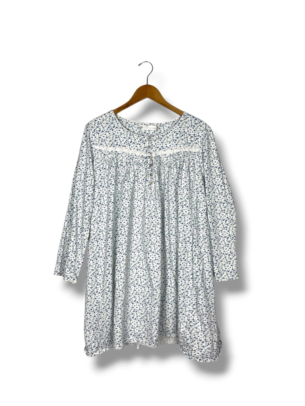 Eileen West Cotton Bluebell Floral Nightgown Large Ribbon Lace Prairie Cottage